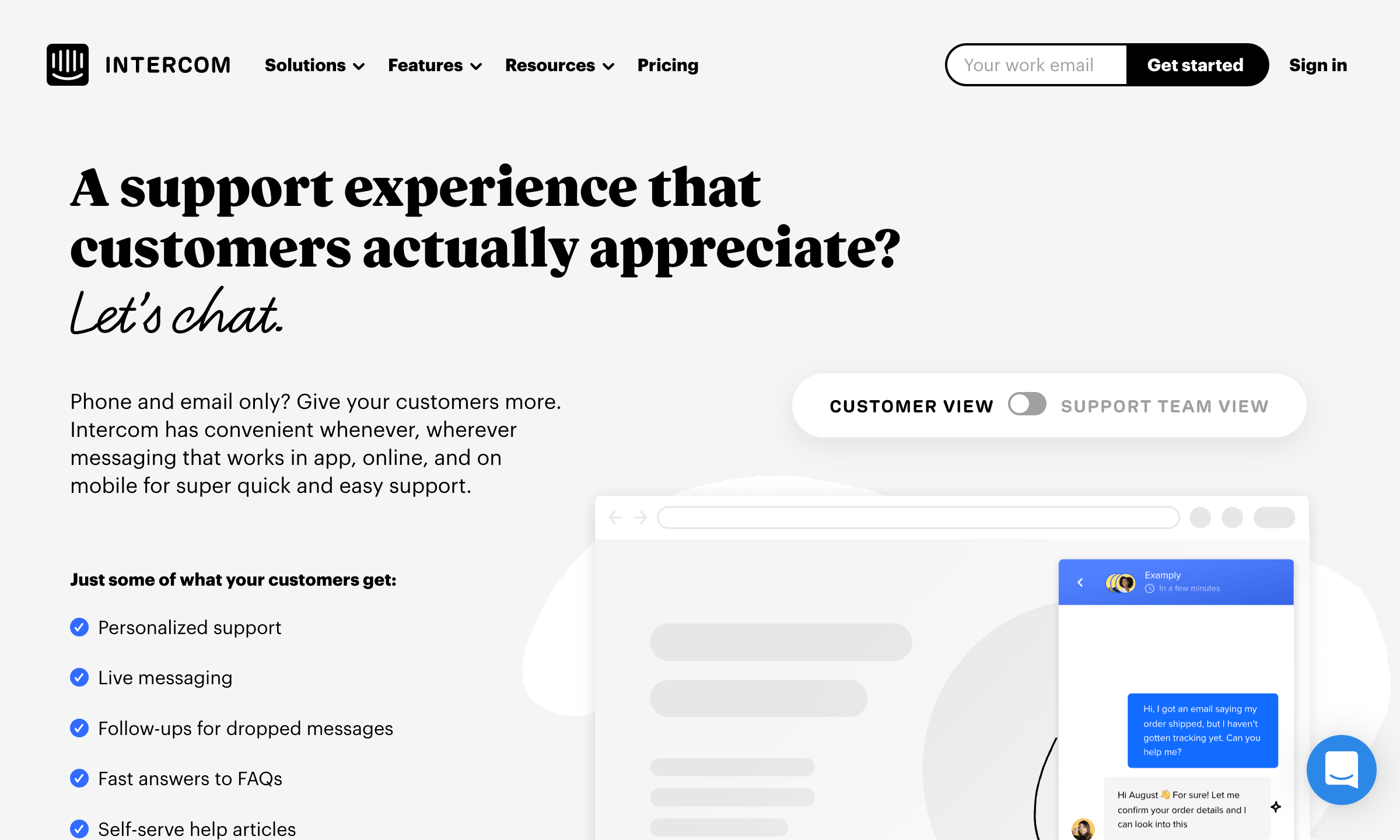 The Intercom conversational support page.