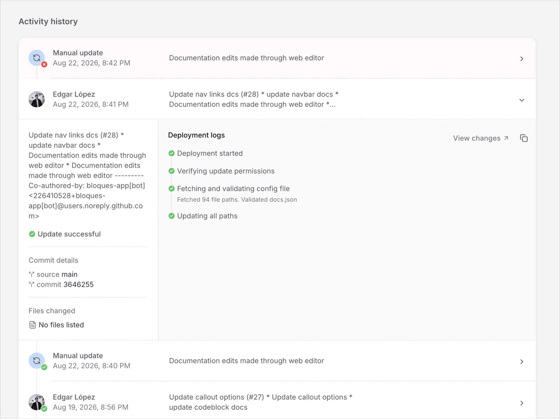 The activity history panel, with a deployment's logs and commit details expanded.