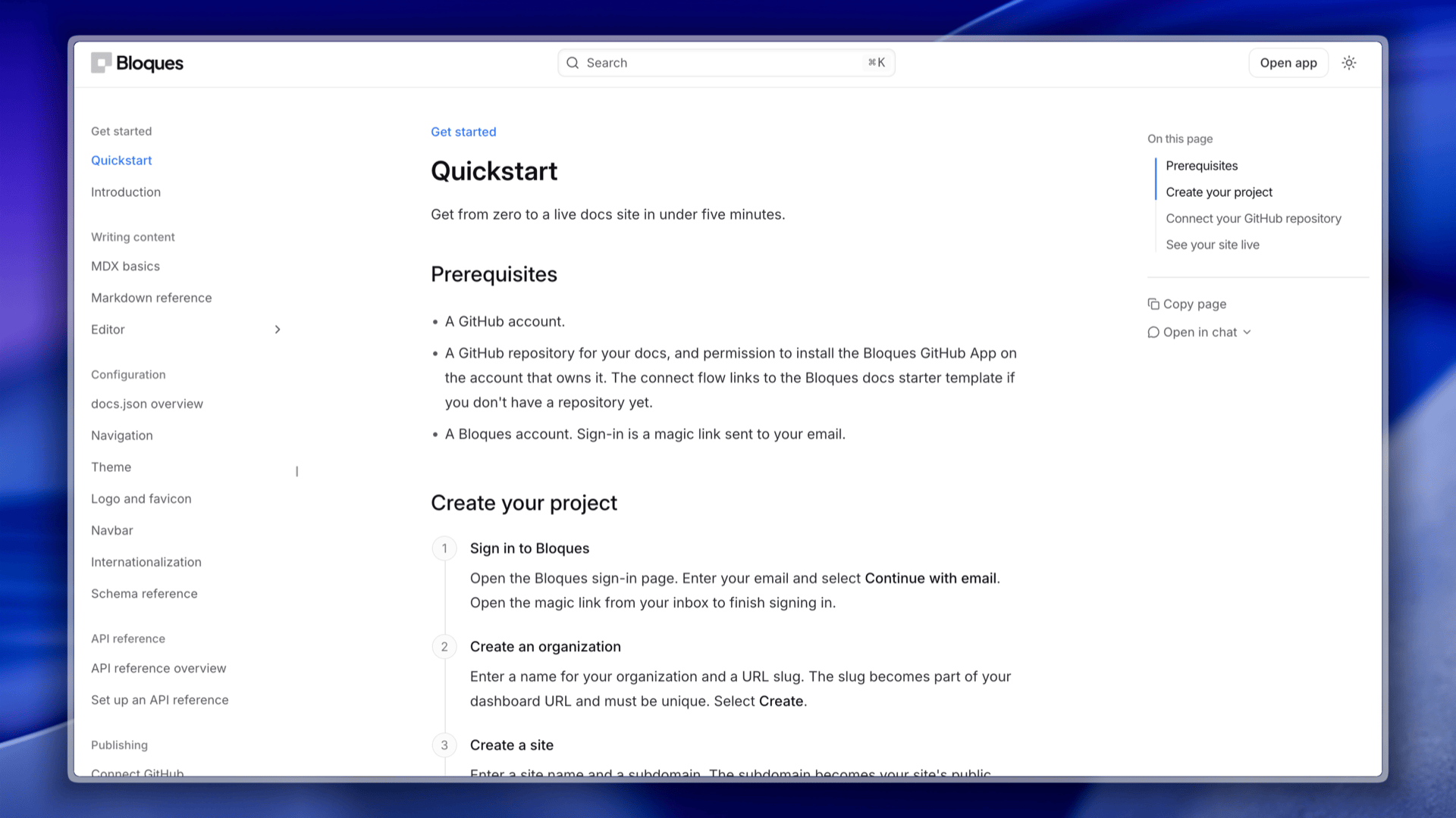 A docs site published with Bloques, open to its Quickstart page.