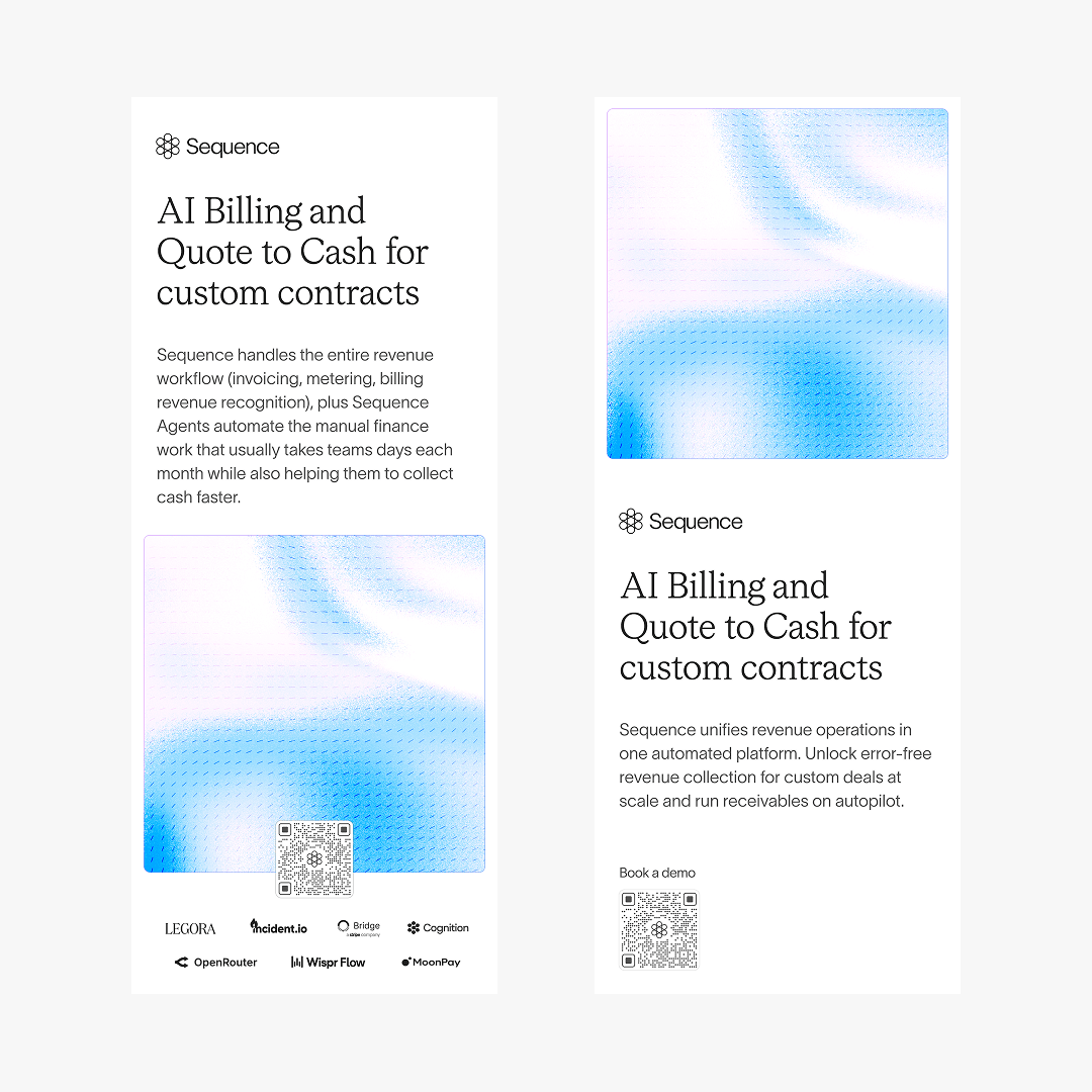 Two Sequence display banners — “AI Billing and Quote to Cash for custom contracts” over a blue pleated gradient, one leading with the headline and a customer logo row, the other with the gradient on top and a Book a demo QR code.