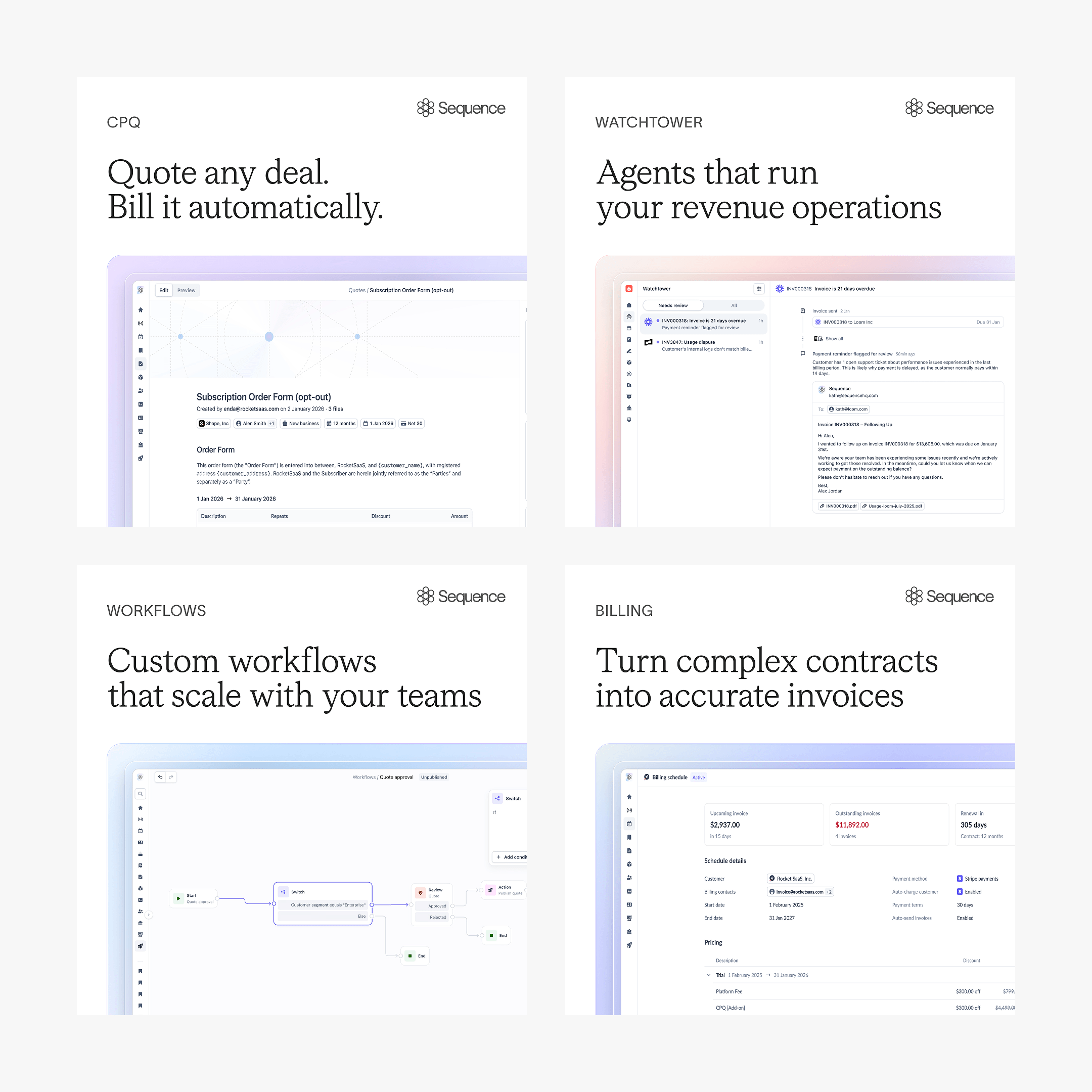 Four product cards — CPQ, Watchtower, Workflows, and Billing — each pairing a headline with the product surface behind it.